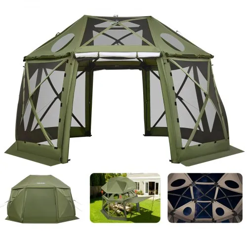 VEVOR Pop-up paviljongtelt, 3,96 x 3,96 m, 13-sidig sfærisk campingtaktelt med avtakbar topp og bæreveske, hurtigmontert og bitesikkert, skjermet solskjerming for 10–12 personer, grønn