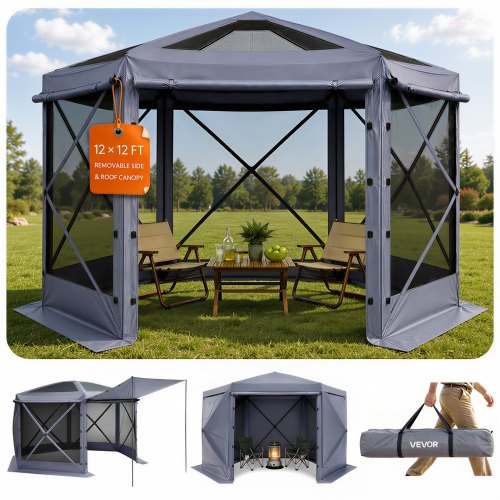 VEVOR Pop-up paviljongtelt, 3,6 x 3,6 m stort 6-sidig campingtelt med avtakbart tak og bæreveske, hurtigmontert og bitesikkert, skjermet solskjerming for 8-10 personer, uteplass, grå