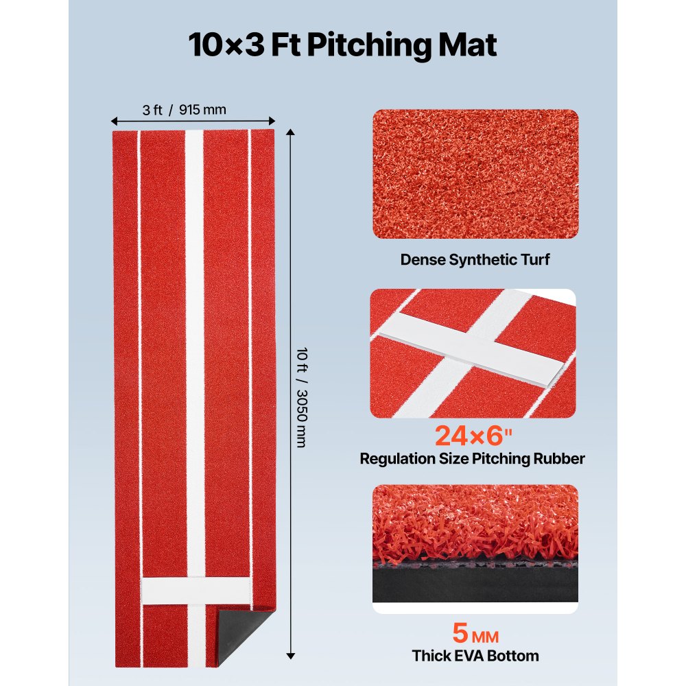 VEVOR Softball Pitching Mat, 305x92cm Baseball Pitching Rubber Mound, Antifade Turf and Antislip Foam Backing Portable Training Aid, Fastpitch Equipment for Pitchers Indoor Outdoor Practice, Red