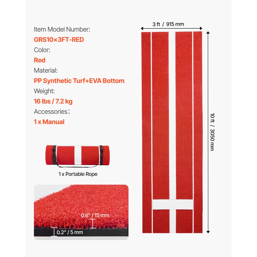 VEVOR Softball Pitching Mat, 305x92cm Baseball Pitching Rubber Mound, Antifade Turf and Antislip Foam Backing Portable Training Aid, Fastpitch Equipment for Pitchers Indoor Outdoor Practice, Red