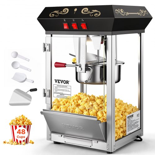 VEVOR popcornmaskin, 850 W, 225 g vannkoker for 48 kopper per vask, popcornmaskin for benkeplate med herdet glass, inkluderer 4 skjeer