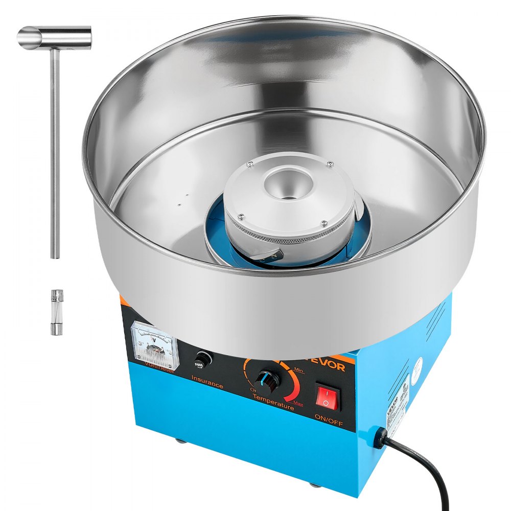 VEVOR Sukkerspinnsmaskin for kommersiell bruk, 1000 W elektrisk sukkerspinnsmaskin, enkel bruk med 38 cm skål i rustfritt stål og sukkerskje, lager hardt godteri til hjemmebursdager, familiefester, blå