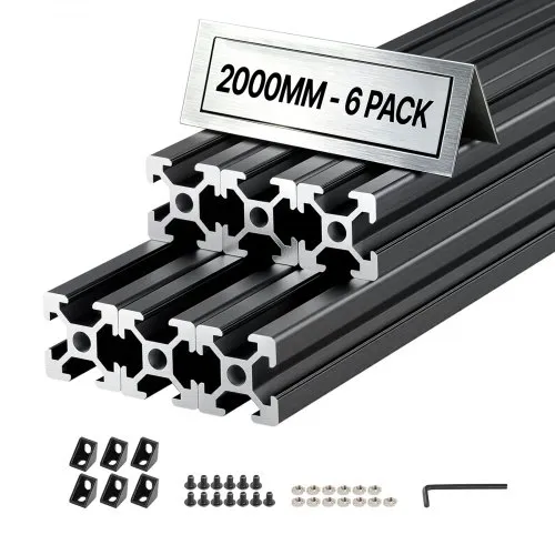 VEVOR 6 stk. 2020 aluminiumsekstruderingsprofil, 78,74 tommer 2000 mm, T-spor europeisk standard anodisert lineær skinne, høyfast ekstrudert aluminiumsskinne, for 3D-skriverdeler og CNC DIY-arbeidsbenk, svart