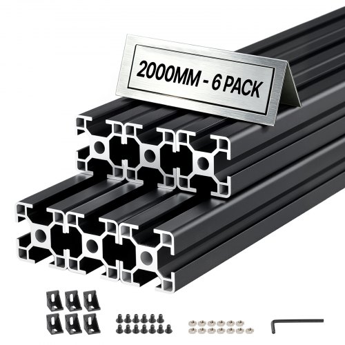 VEVOR 6 stk. 3030 aluminiumsekstruderingsprofil, 78,74 tommer 2000 mm, T-spor europeisk standard anodisert lineær skinne, høyfast ekstrudert aluminiumsskinne, for 3D-skriverdeler og CNC DIY-arbeidsbenk, svart
