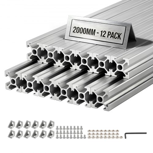 VEVOR 12 stk. 2020 aluminiumsekstruderingsprofil, 78,74 tommer 2000 mm, T-spor europeisk standard anodisert lineær skinne, høyfast ekstrudert aluminiumsskinne, for 3D-skriverdeler og CNC DIY-arbeidsbenk, sølv