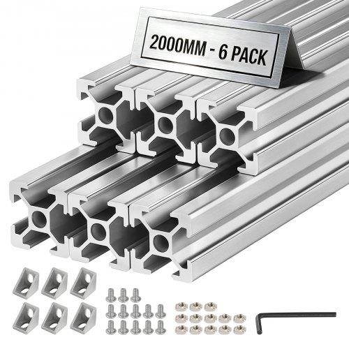 VEVOR 6 stk. 2020 aluminiumsekstruderingsprofil, 78,74 tommer 2000 mm, T-spor europeisk standard anodisert lineær skinne, høyfast ekstrudert aluminiumsskinne, for 3D-skriverdeler og CNC DIY-arbeidsbenk, sølv