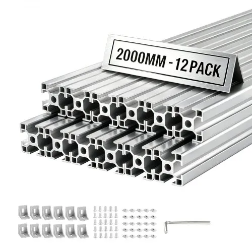 VEVOR 12 stk. 3030 aluminiumsekstruderingsprofil, 78,74 tommer 2000 mm, T-spor europeisk standard anodisert lineær skinne, høyfast ekstrudert aluminiumsskinne, for 3D-skriverdeler og CNC DIY-arbeidsbenk, sølv