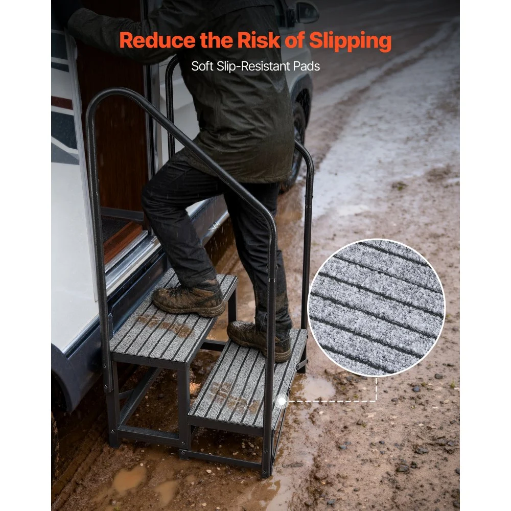 VEVOR RV Steps with Dual Handrails, 2 Steps, 300 kg Load Capacity, Heavy Duty Outdoor RV Stairs with Non-Slip Mat for Elderly/Pets, Portable Stairs for Hot Tub, Camper, Mobile Home, Porch, Pool, SPA