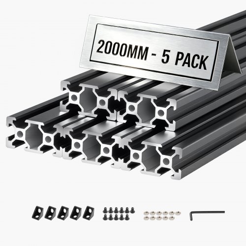 VEVOR 5 stk. 2040 aluminiumsekstruderingsprofil, 78,74 tommer 2000 mm, V-spor europeisk standard anodisert lineær skinne, høyfast ekstrudert aluminiumsskinne, for 3D-skriverdeler og CNC DIY-arbeidsbenk, svart