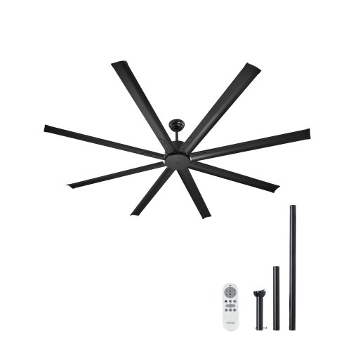 VEVOR 213 cm takvifte uten lys, 6-trinns fjernkontroll, aluminium 8-blader, reversibel likestrømsmotor, moderne lavprofil innfelt utendørs vifte for soverom, stue, terrasse, innendørs/utendørs, svart