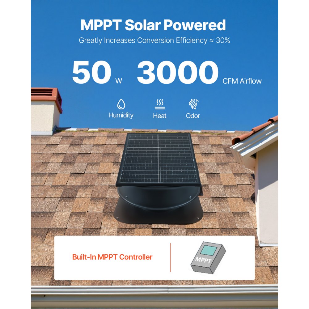 VEVOR Roof Attic Exhaust Fan, 50W Smart Solar Roof Ventilation Fan with Thermostat, Remote Control, 3000 CFM Airflow Built-in Smoke Sensor with Auto Stop for Cooling and Dehumidification