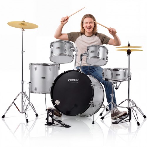 VEVOR Trommesett, 5-delers, full størrelse trommesett med bass-/tamtrommer, skarptromme, gulvtromme, justerbare tronstativer, cymbaler, hi-hat-pedal og trommestikker, trommesett for nybegynnere, sølv