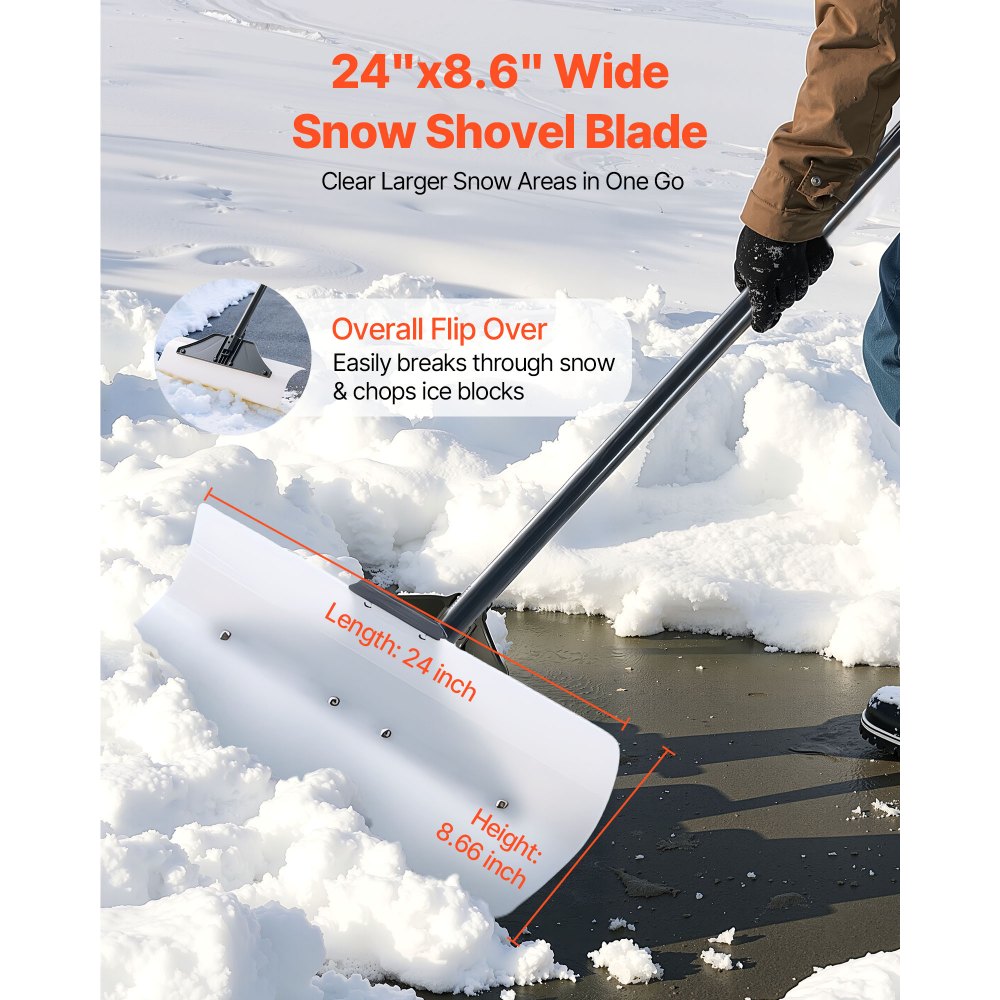 VEVOR Snow Pusher Shovel, 61 cm Wide Outdoor Snowplow Shovel with Ergonomic Grip, HDPE Plastic Blade, Winter Shovels with Segmented Handle, Portable Snow Removal Tool for Driveway Garden Camping