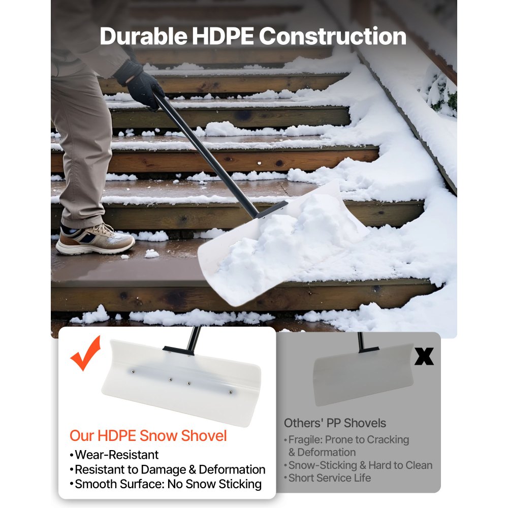 VEVOR Snow Pusher Shovel, 61 cm Wide Outdoor Snowplow Shovel with Ergonomic Grip, HDPE Plastic Blade, Winter Shovels with Segmented Handle, Portable Snow Removal Tool for Driveway Garden Camping