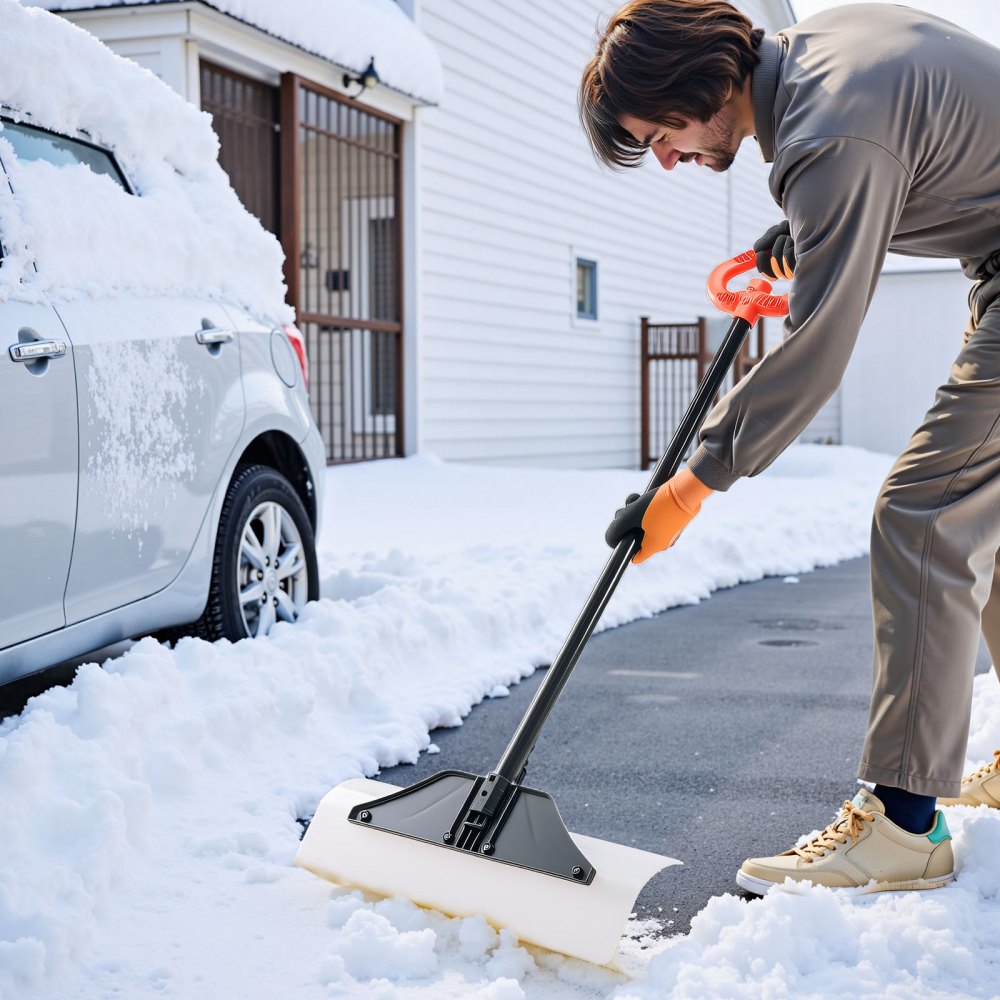 VEVOR Snow Pusher Shovel, 61 cm Wide Outdoor Snowplow Shovel with Ergonomic Grip, HDPE Plastic Blade, Winter Shovels with Segmented Handle, Portable Snow Removal Tool for Driveway Garden Camping