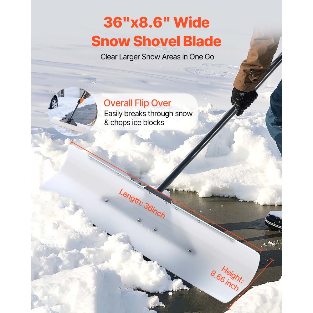 VEVOR snøskuffer, 91,5 cm utendørs snøplogspade med ergonomisk grep, HDPE-plastblad, vinterspadler med segmentert håndtak, metallkantlist, bærbart snøryddingsverktøy for innkjørsel og hage