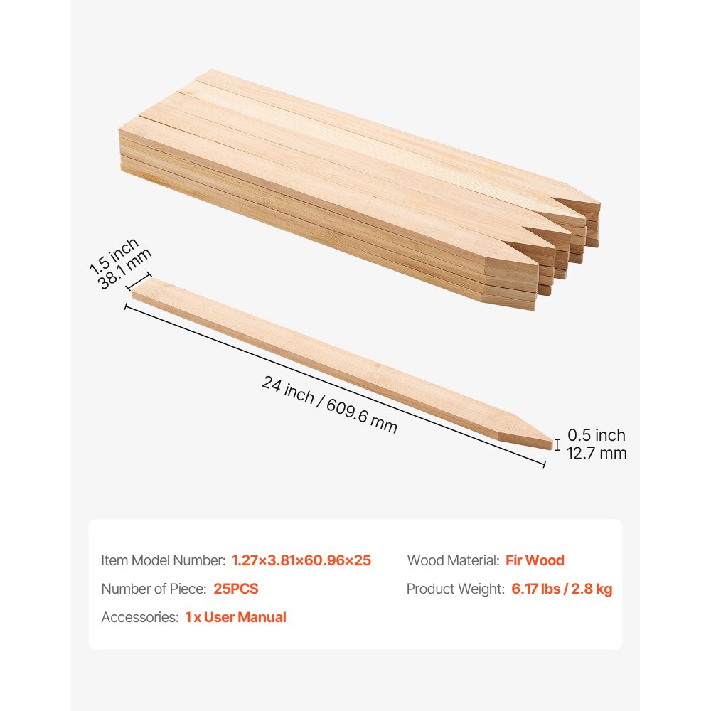 VEVOR hagepiker i tre, 25 stk. 12,7 × 38,1 × 609,6 mm oppmålingsstaker, hagepike med skarp spiss, støttepike for granplanter, skiltstolper for siltgjerde, hagegrenser og grunnlinjer
