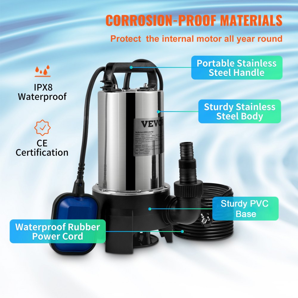 VEVOR Submersible Water Pump, 1100W 20000L/H, with 10 m Cord and Automatic Tethered Float Switch, Portable Stainless Steel for Dirty or Clean, Drain Floods, Empty Garden Ponds, Swimming Pools, Hot Tub