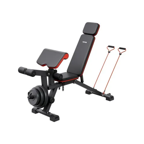 VEVOR vektbenk, 800lbs justerbar vektbenkpress for fullkroppstrening, treningsbenk med sit-up-funksjon for styrketrening hjemme, flat benk med benforlengelse, prekerpute, rask justering