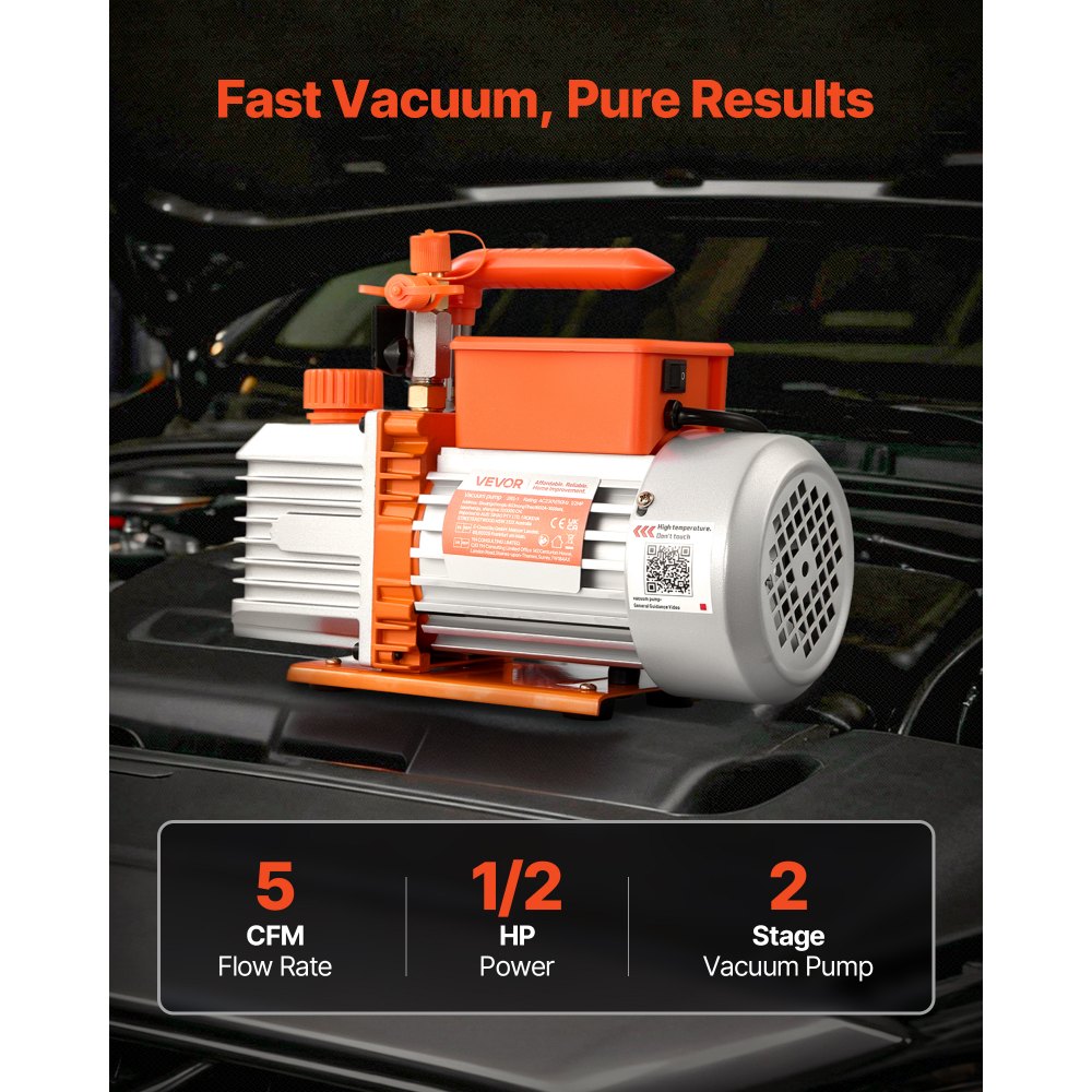 VEVOR vakuumpumpe, 5 CFM 142 L/min, HVAC totrinns roterende lamell AC vakuumpumpe, for R134a R22 R410a-systemer, 4-polet motor, for vedlikehold av klimaanlegg i biler, harpiksavgassing, olje inkludert