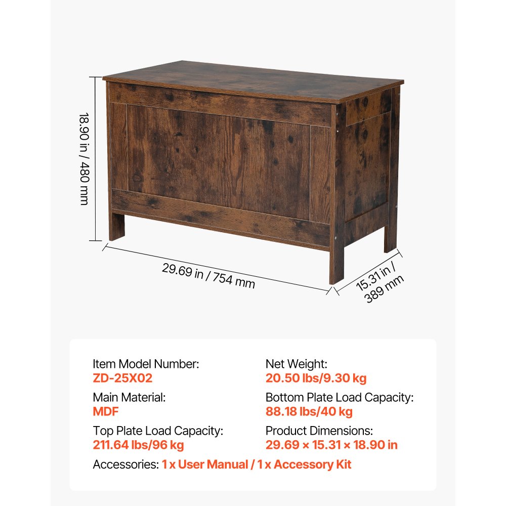 VEVOR oppbevaringsbenk for barn, lekeboks i tre, stort oppbevaringsskap med sikkerhetshengsel, retro oppbevaringsbenk for småbarn til lekerom, stue eller inngangsparti, 754 x 389 x 480 mm, enkel montering, brun