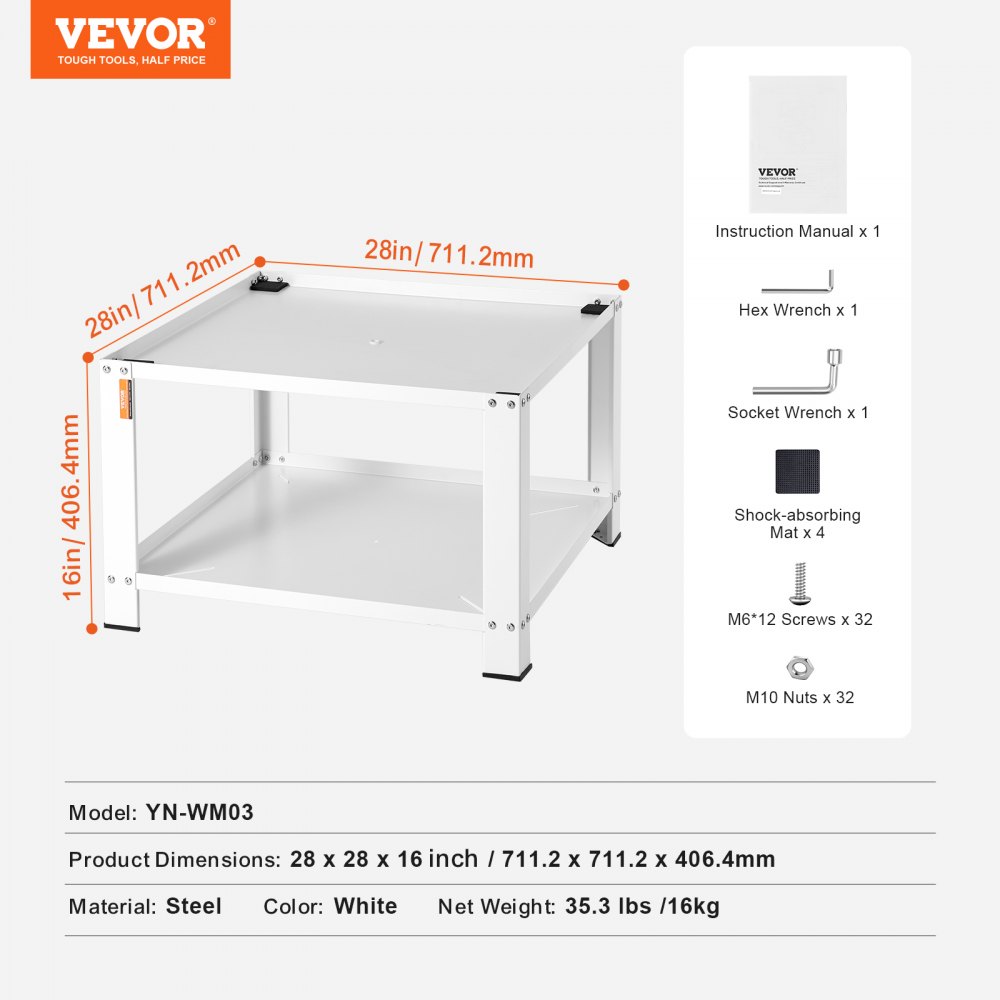 VEVOR Klesvasksokkel med oppbevaringshylle, 711Lx711Bx406H mm, Vaskemaskin og tørketrommel sokkelplattform universal passform 299 kg kapasitet, kraftig stål multifunksjonell sokkel for vaskemaskin