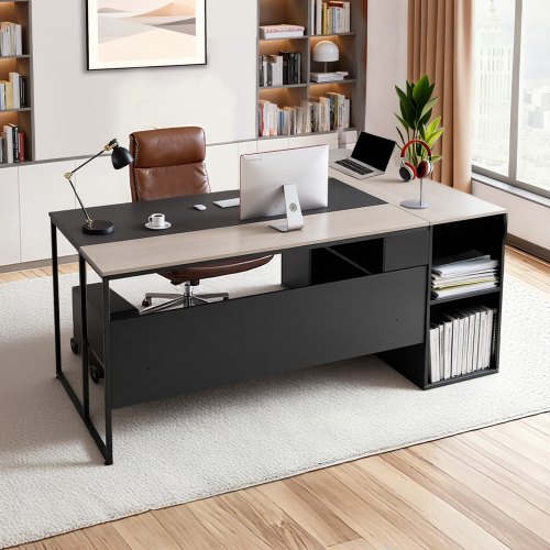 VEVOR L-formet kontorbord, stort moderne kontorbord med skuffer og oppbevaringsskap, kraftig trebord med CPU-stativ, 158,7 kg lastekapasitet, enkel montering, for arbeidsstudier, skriving