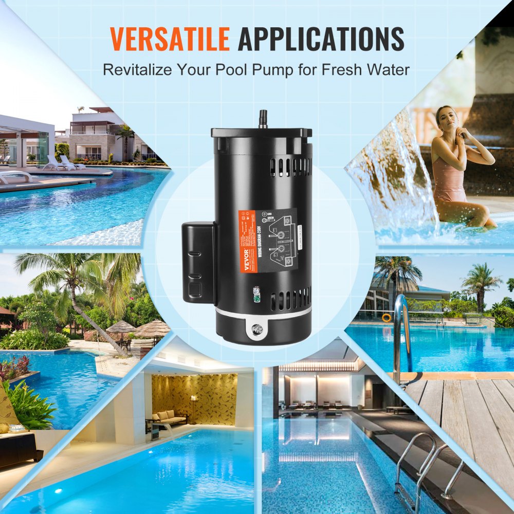 VEVOR 2 HK bassengpumpemotor, 56Y-ramme, 230 V (7,8 ampere) 3450 o/min, 60 Hz, 1,3 servicefaktor, 50 μF/250 V kondensator, moturs roterende firkantflens-erstatningsmotor