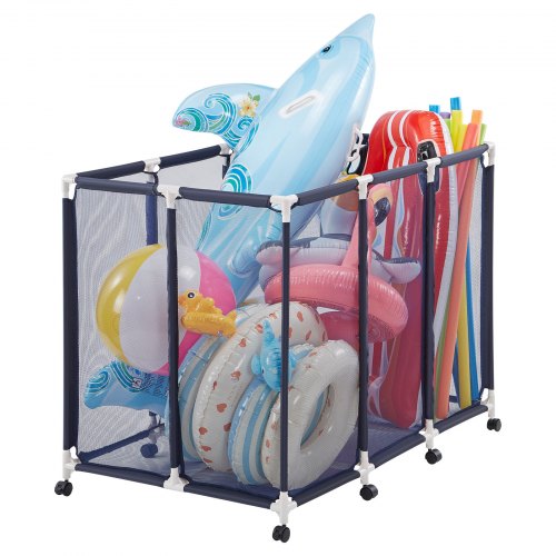 VEVOR Oppbevaringsboks for basseng, 122 x 84 x 99 cm, rullende bassengflåteoppbevaringsorganisator med hjul, slitesterk plastramme, bassengkanten med leker og nudler, pustende nettingkurv for svømmebassenger
