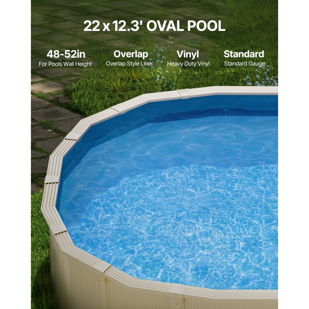 VEVOR oval bassengforing, 22 x 12,3 fot, svømmebassengforing, standard mål, slitesterk vinylbassengforing, overlappende stil, erstatning for bassengforing for 52 tommer vegghøyde over bakken svømmebasseng, ensfarget