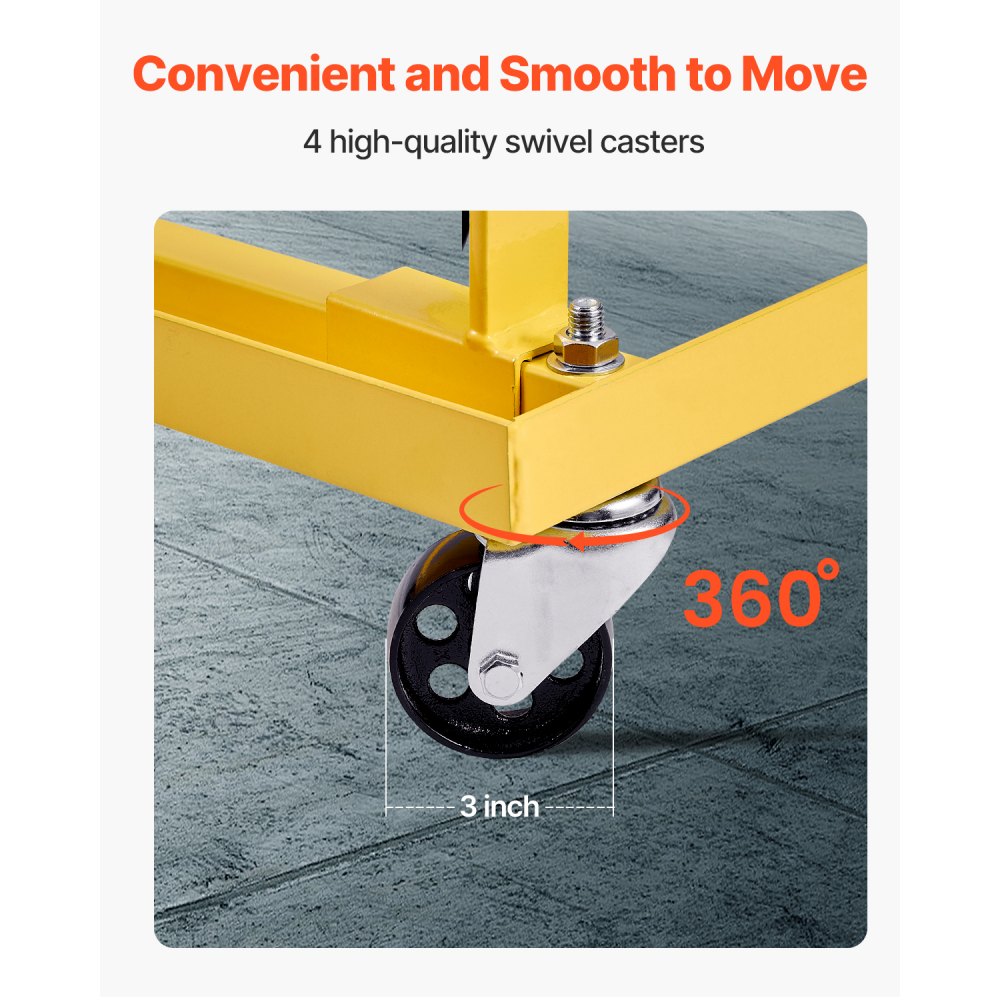 VEVOR motorstativ, 750 lbs (340 kg) lastekapasitet motormotorstativ med justerbar bredde og lengde, kraftig stålmotorholder med 4 svingbare hjul og 2 skrallestropper, egnet for de fleste motorer