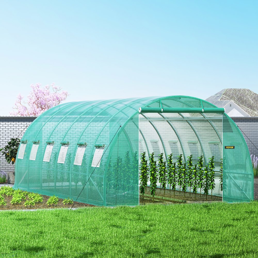 VEVOR Walk-in Tunnel Greenhouse, 609.6 x 304.8 x 213.4 cm Portable Plant Hot House w/ Galvanized Steel Hoops, 3 Top Beams, 4 Diagonal Poles, 2 Zippered Doors & 12 Roll-up Windows, Green