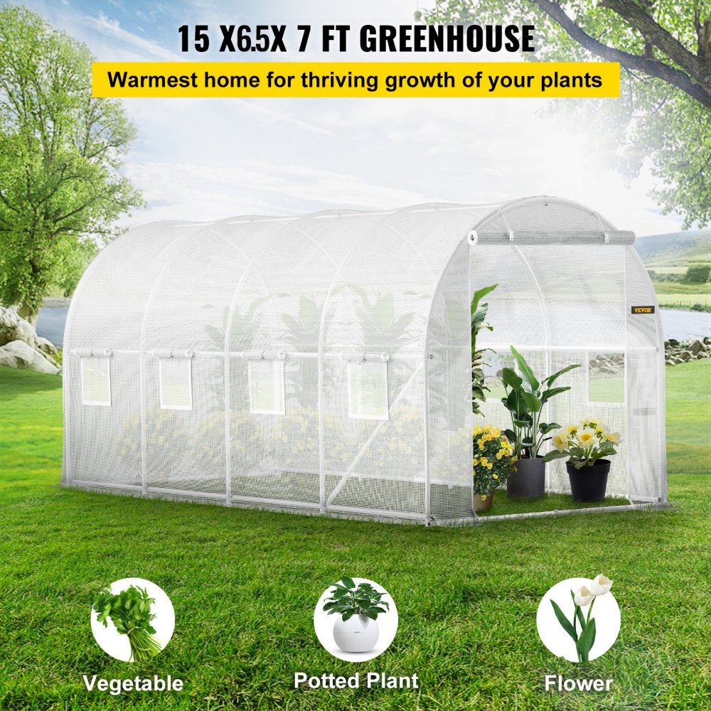VEVOR Walk-in Tunnel Drivhus, 15 x 6,5 x 7 fot Portable Plant Hot House m/ galvaniserte stålbøyler, 1 toppbjelke, 2 x diagonale stolper, 2 glidelåsdører og 8 rullevinduer, hvit