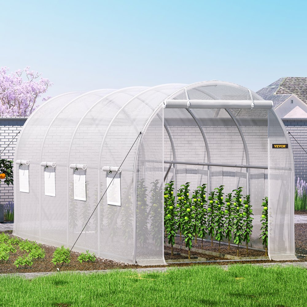 VEVOR Walk-in Tunnel Drivhus, 15 x 6,5 x 7 fot Portable Plant Hot House m/ galvaniserte stålbøyler, 1 toppbjelke, 2 x diagonale stolper, 2 glidelåsdører og 8 rullevinduer, hvit