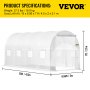 VEVOR Walk-in Tunnel Drivhus, 15 x 6,5 x 7 fot Portable Plant Hot House m/ galvaniserte stålbøyler, 1 toppbjelke, 2 x diagonale stolper, 2 glidelåsdører og 8 rullevinduer, hvit