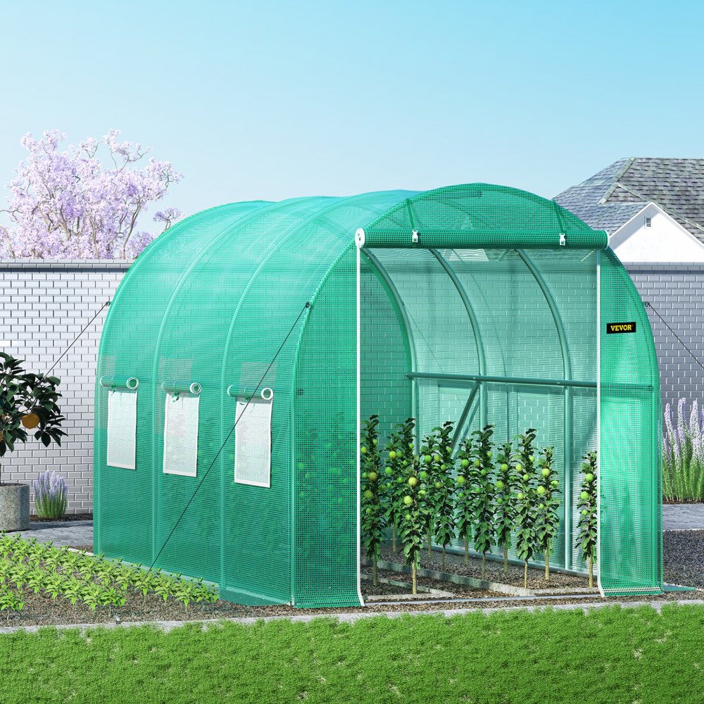 VEVOR Drivhus med walk-in-tunnel, 3 x 2,1 x 2,1 m, bærbart plantedrivhus med galvanisert stålramme, 1 toppbjelke, diagonale stenger, glidelåsdør og 6 rullevinduer, grønn