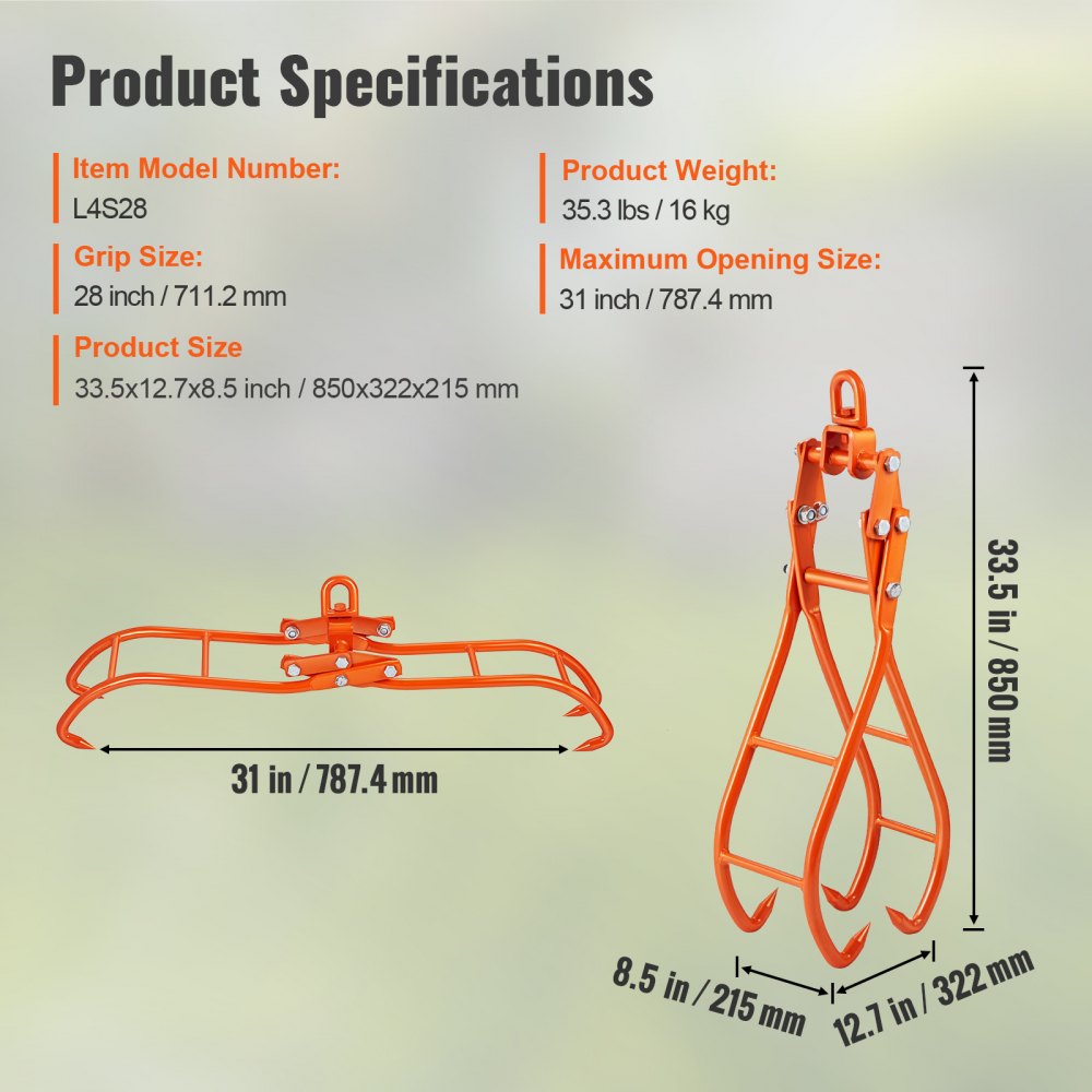 VEVOR tømmerklokrok, 28 tommers 4-klo-klo for tømmerstang, svingbar ståltang for tømmerløfting, Eagle Claws-design med 2205 lbs/1000 kg lastekapasitet for traktorer, ATV-er, lastebiler, gaffeltrucker