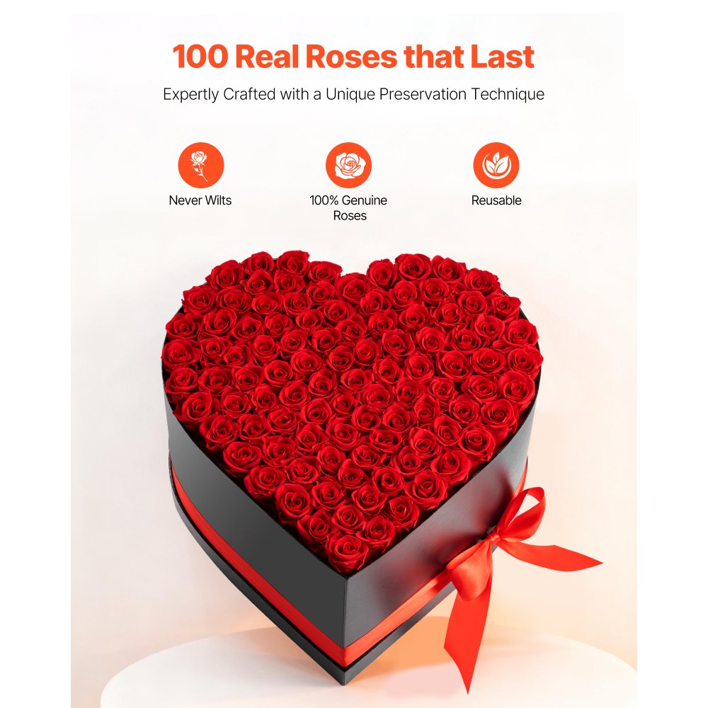 VEVOR Forever Flowers, 100 konserverte roser i en hjerteformet eske, evige blomster udødelig bukett bursdagsgave til kvinner hennes kone mødre, jubileum, valentinsdag, jul, rød