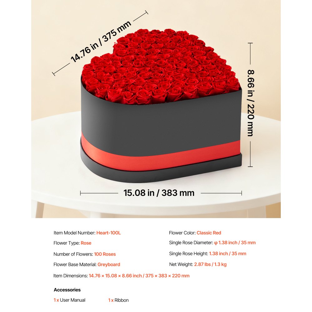 VEVOR Forever Flowers, 100 konserverte roser i en hjerteformet eske, evige blomster udødelig bukett bursdagsgave til kvinner hennes kone mødre, jubileum, valentinsdag, jul, rød