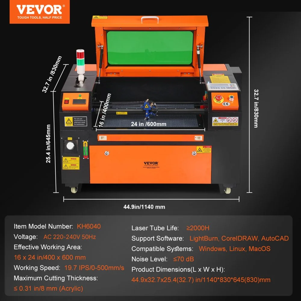 VEVOR 60W CO2-lasergravør, 41 x 61 cm (16 x 24 tommer), 500 mm/s (19,7 IPS) laserskjæremaskin med 2-veis luftassistanse, kompatibel med LightBurn, CorelDRAW, AutoCAD, Windows, Mac OS, Linux, for tre, akryl og stoff mer