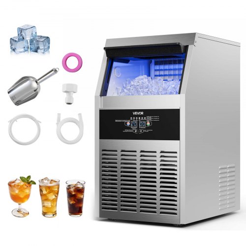VEVOR kommersiell ismaskin, 73 kg/24t med 14 kg lagringskapasitet, innebygd/frittstående/under benk, ismaskin i rustfritt stål med LED-display og selvrensende, for hjemmebar/restaurant