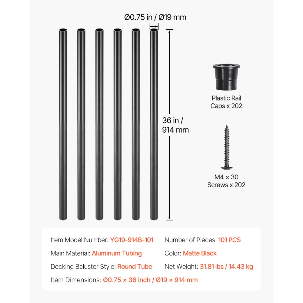 VEVOR trappebalustre 101-pakning, 36 tommers trappebalustre i aluminium, 3/4 tommers vanntett rundt metallspindelrekkverk, hult dekkrekkverk med skinnehetter og skruer for trapper, veranda, terrasse, matt svart