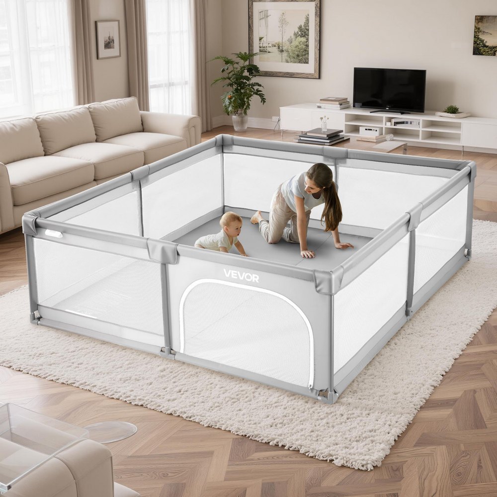 VEVOR Babylekegrind, 2000 x 1490 mm stor lekegrind for småbarn, innendørs/utendørs babygjerde med 50 havballer, glidelåsdør og pustende netting, sikkerhetsaktivitetssenter uten mellomrom for babyer og småbarn