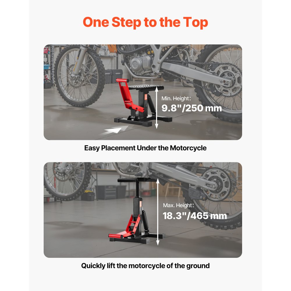 VEVOR Løftestativ for terrengsykkel, jekk til motorsykkel, 1200 kg kapasitet og hydraulisk løfteoperasjon, heisebord, justerbar høyde 9,8"-18,3" for reparasjon, vedlikehold og tilbehør til terrengsykkel