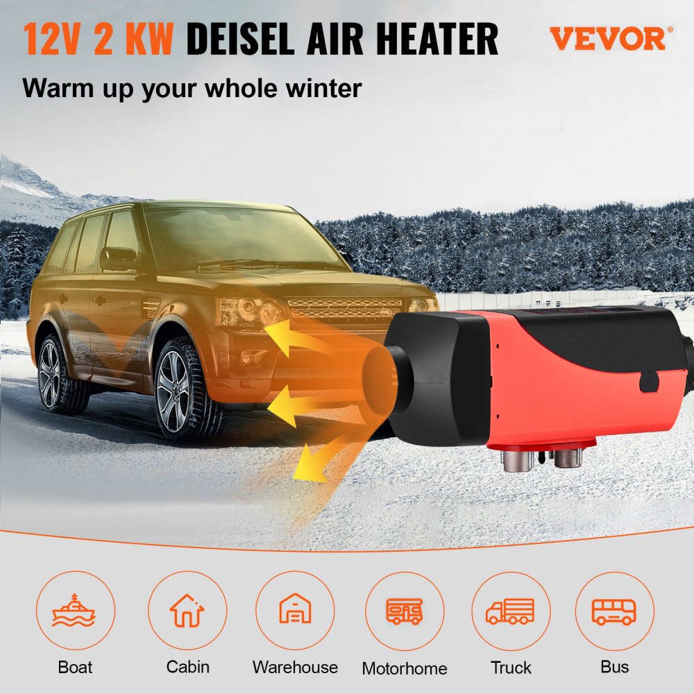 VEVOR 12V 2KW Diesel Luftvarmer Dieselvarmer Parkeringsvarmer Luft Dieselvarmer med lyddemper, 10L tank, LCD-bryter for biler, busser, bobiler, lastebiler, tekniske kjøretøy
