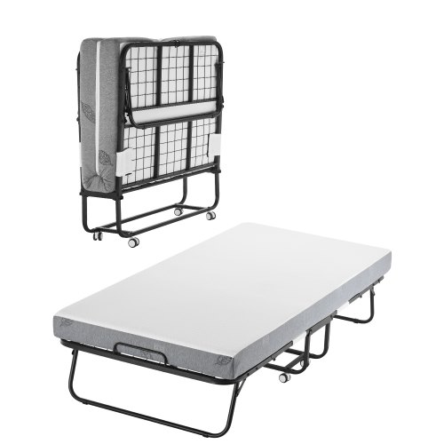 VEVOR sammenleggbar seng, 91 x 193 cm sammenleggbar seng med 13 cm madrass, sammenleggbar seng i twin-størrelse med solid metallramme og memory foam-madrass, bærbar sammenleggbar seng med madrass, for voksne, gjester
