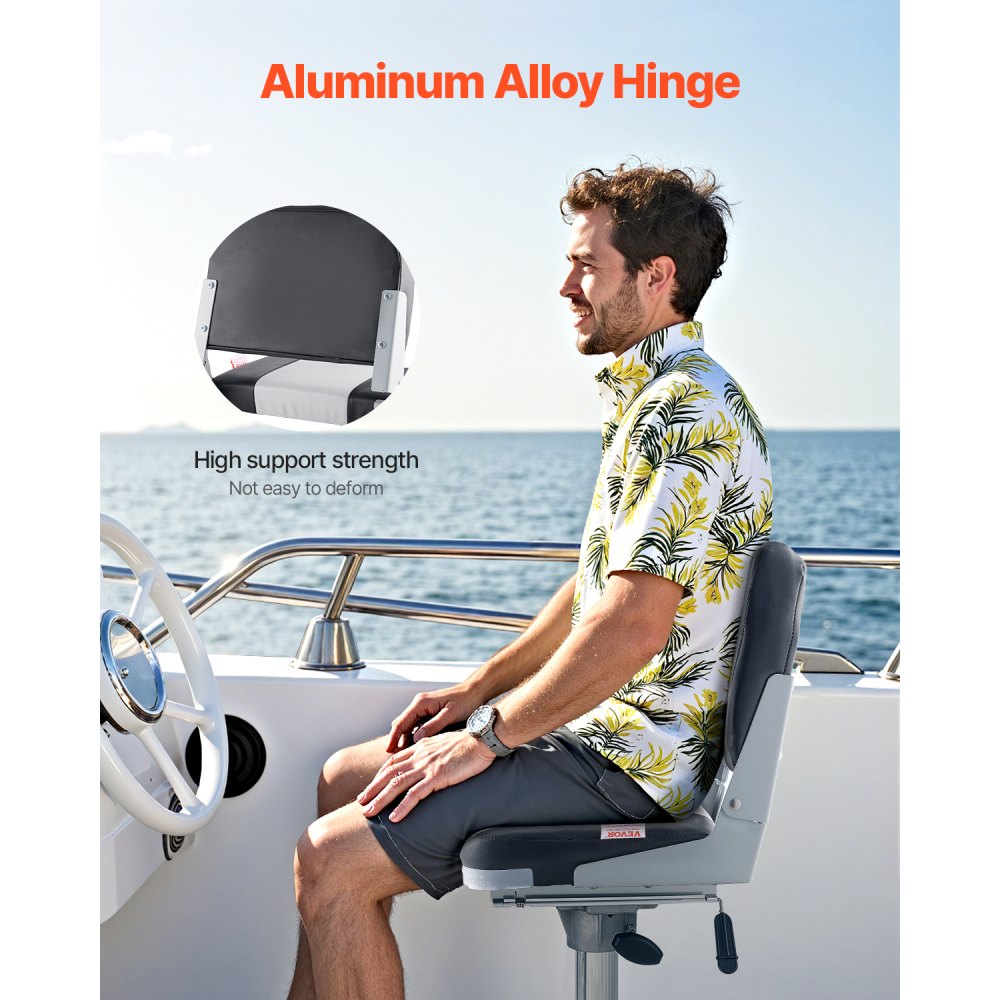 VEVOR båtsete, lav ryggstøtte, sammenleggbart fiskebåtsete med fortykket svamppute og vanntett PVC-skinn, hengsler i aluminiumslegering, oppfellbart båtsete for fiskebåter, yachter, skip, svart og grå