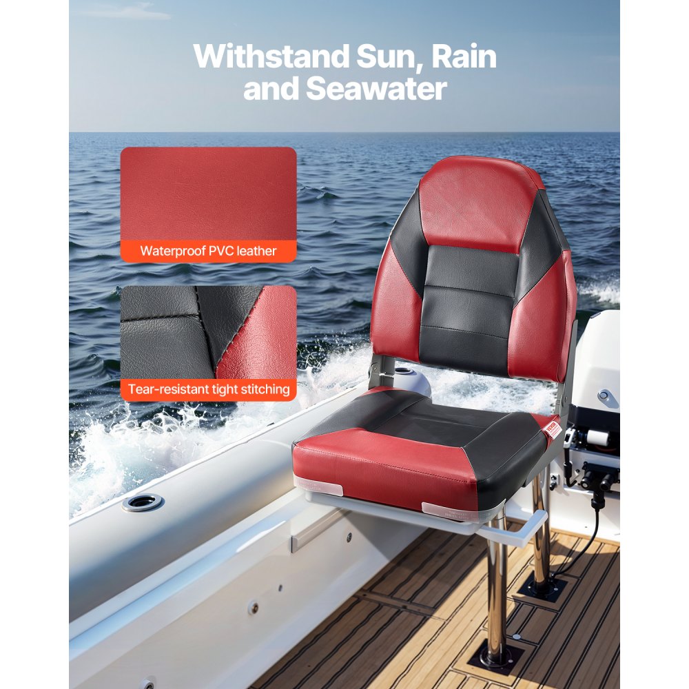 VEVOR båtsete, høy ryggstøtte, sammenleggbart fiskebåtsete med fortykket svamppute og vanntett PVC-skinn, hengsler i aluminiumslegering, oppfellbart båtsete for båter, yachter, skip, svart og rød