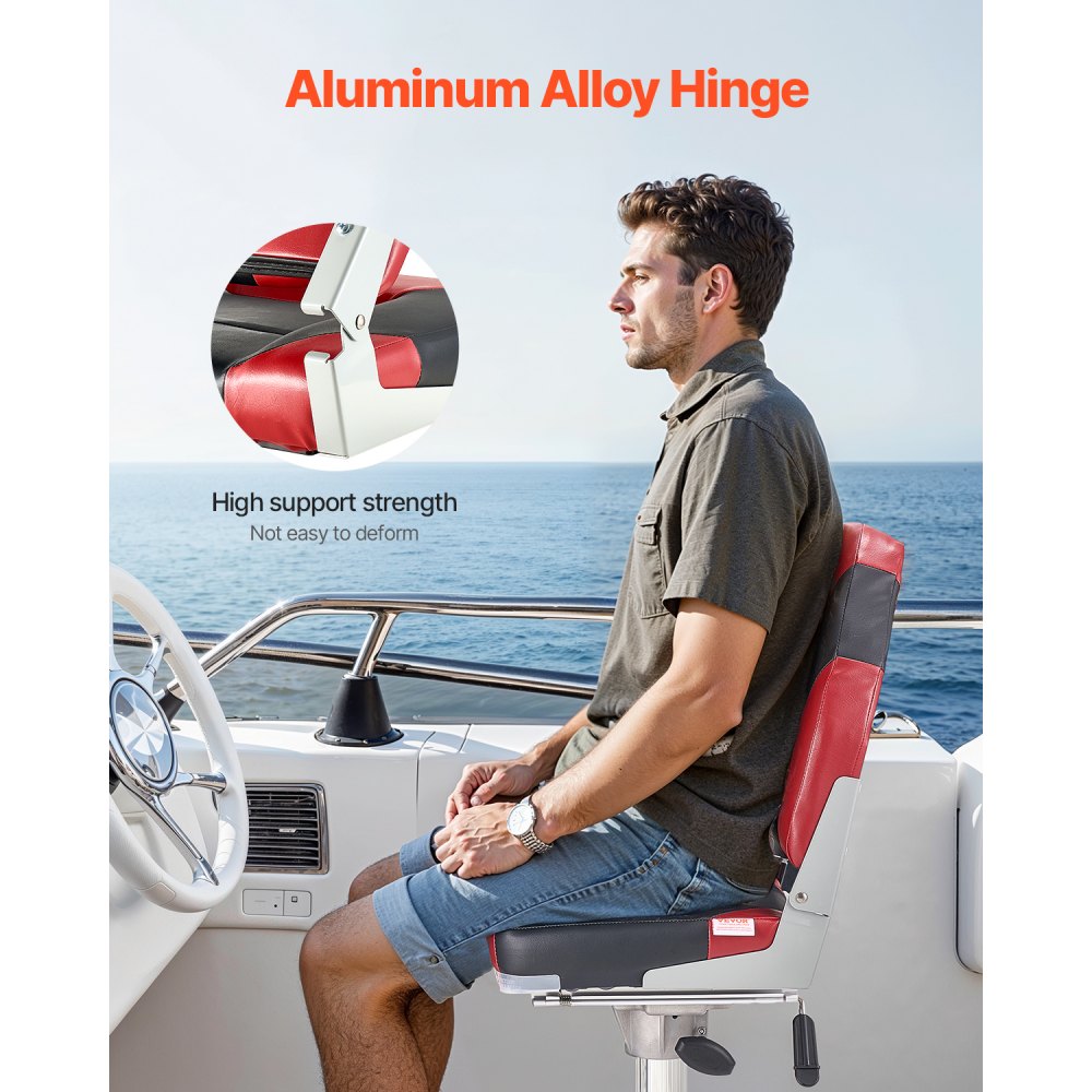 VEVOR båtsete, høy ryggstøtte, sammenleggbart fiskebåtsete med fortykket svamppute og vanntett PVC-skinn, hengsler i aluminiumslegering, oppfellbart båtsete for båter, yachter, skip, svart og rød