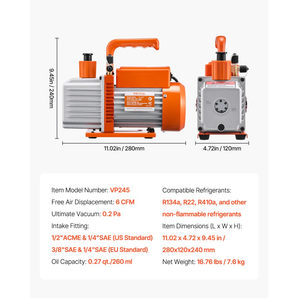 VEVOR vakuumpumpe, 367 l/min (6 CFM), HVAC 2-trinns roterende lamellvakuumpumpe, for R134a R22 R410a-systemer, automatisk AC-vakuumpumpesett med oljeflaske, for vedlikehold av klimaanlegg i biler, avgassing av harpiks
